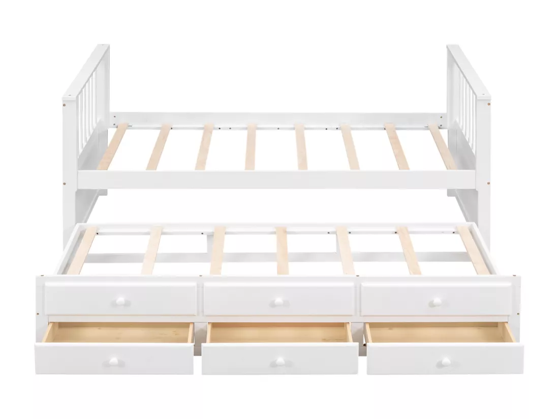 Lit gigogne 90x200cm+90x190cm, lit d'enfant Lit de jour en bois massif et MDF, avec 3 tiroirs, blanc
