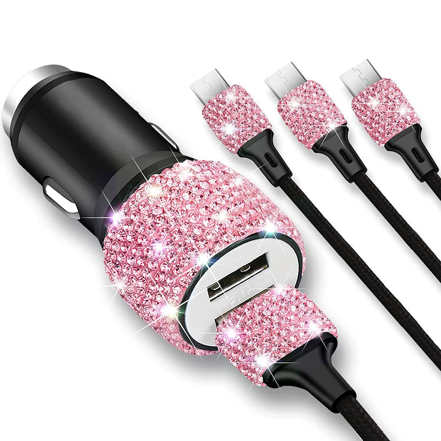 (1.2m) 3in1 Glitzer USB A auf Lightning / Micro USB / USB C Nylon Ladekabel   Dual KFZ Ladegerät - Pink