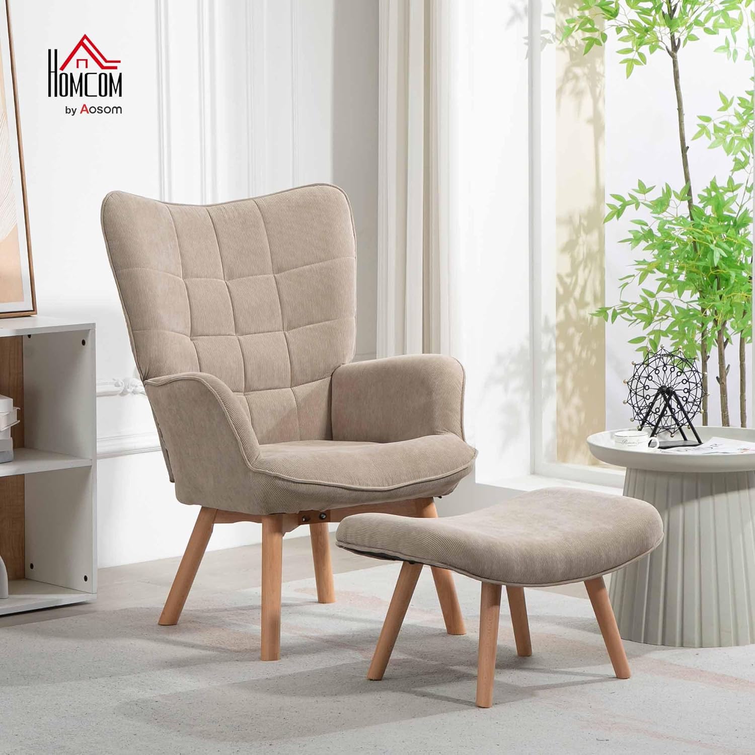 HOMCOM Ohrensessel mit Hocker Sessel Loungesessel mit Cord-Optik, Modern Relaxsessel, Armlehnensessel Lesesessel für Wohnzimmer, Schlafzimmer, Hellbraun