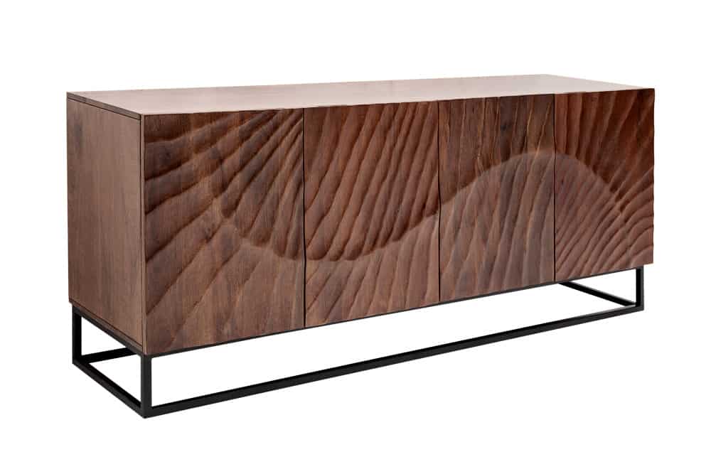 Massives Sideboard SCORPION 180cm dunkelbraun Akazie mit 3D Schnitzereien schwarz Metall