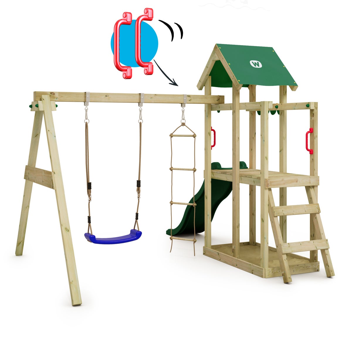 WICKEY TinyPlace Speeltoren Klimrek met Schommel en Glijbaan, Klimtoren met Zandbak, Ladder en Speelaccessoires - Groen