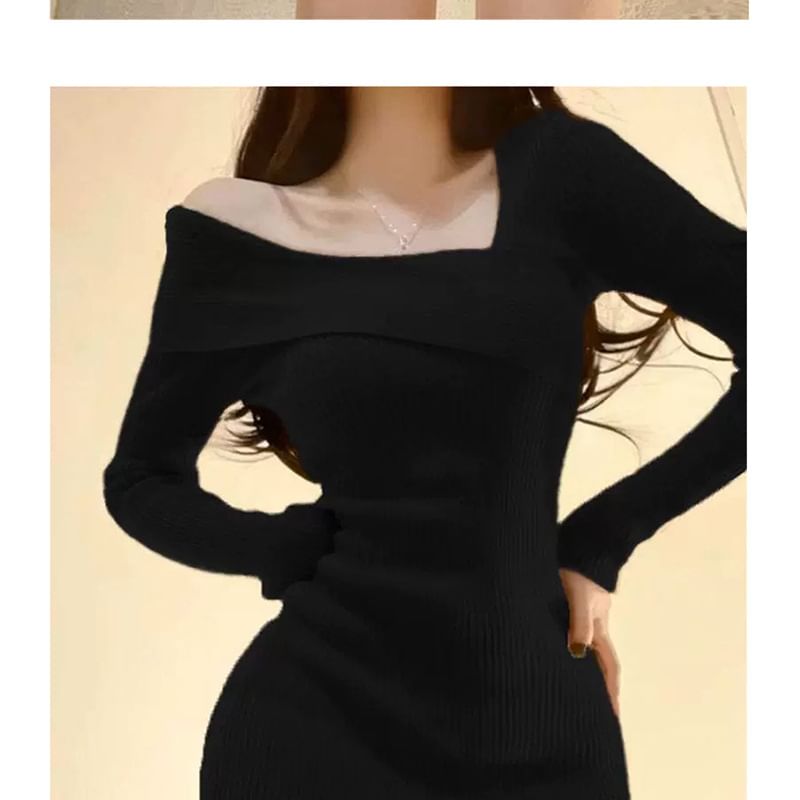 Moregirl - Lange mouw off-shoulder geribbelde mini-schedejurk