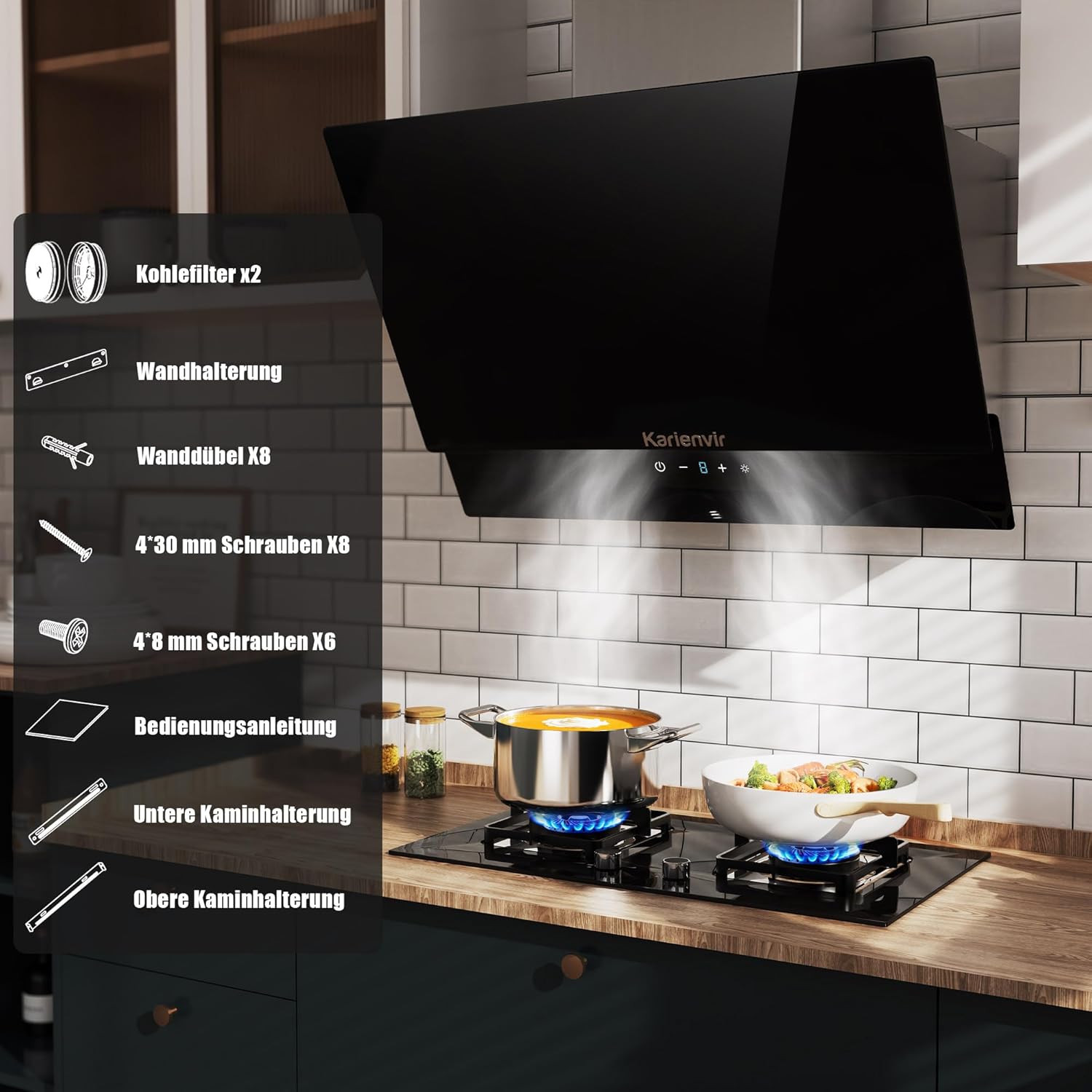 Dunstabzugshaube 60cm Seitenansaugung, 500m³/h Saugleistung, A++ Energieeffizienz, Edelstahl 430, 2x 1,5W LED-Beleuchtung, Touchpanel
