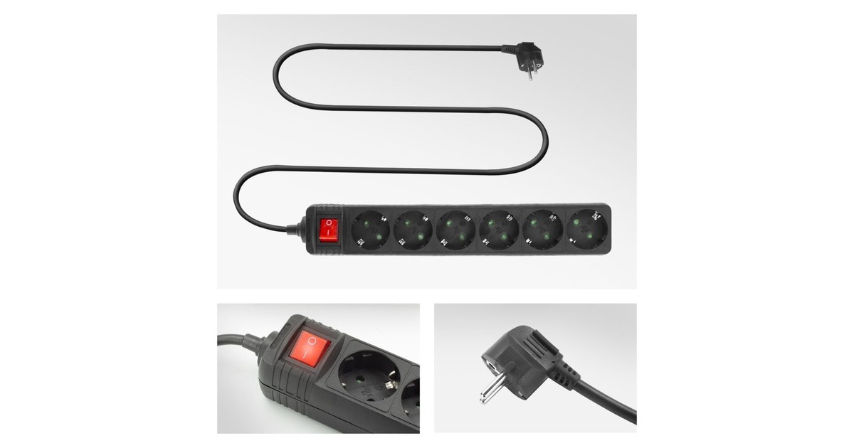 ACT ConnectivityStekkerdoos met lichtgevende schakelaar, 6 sockets, 3 m, zwart stekkerdoos  (Zwart)