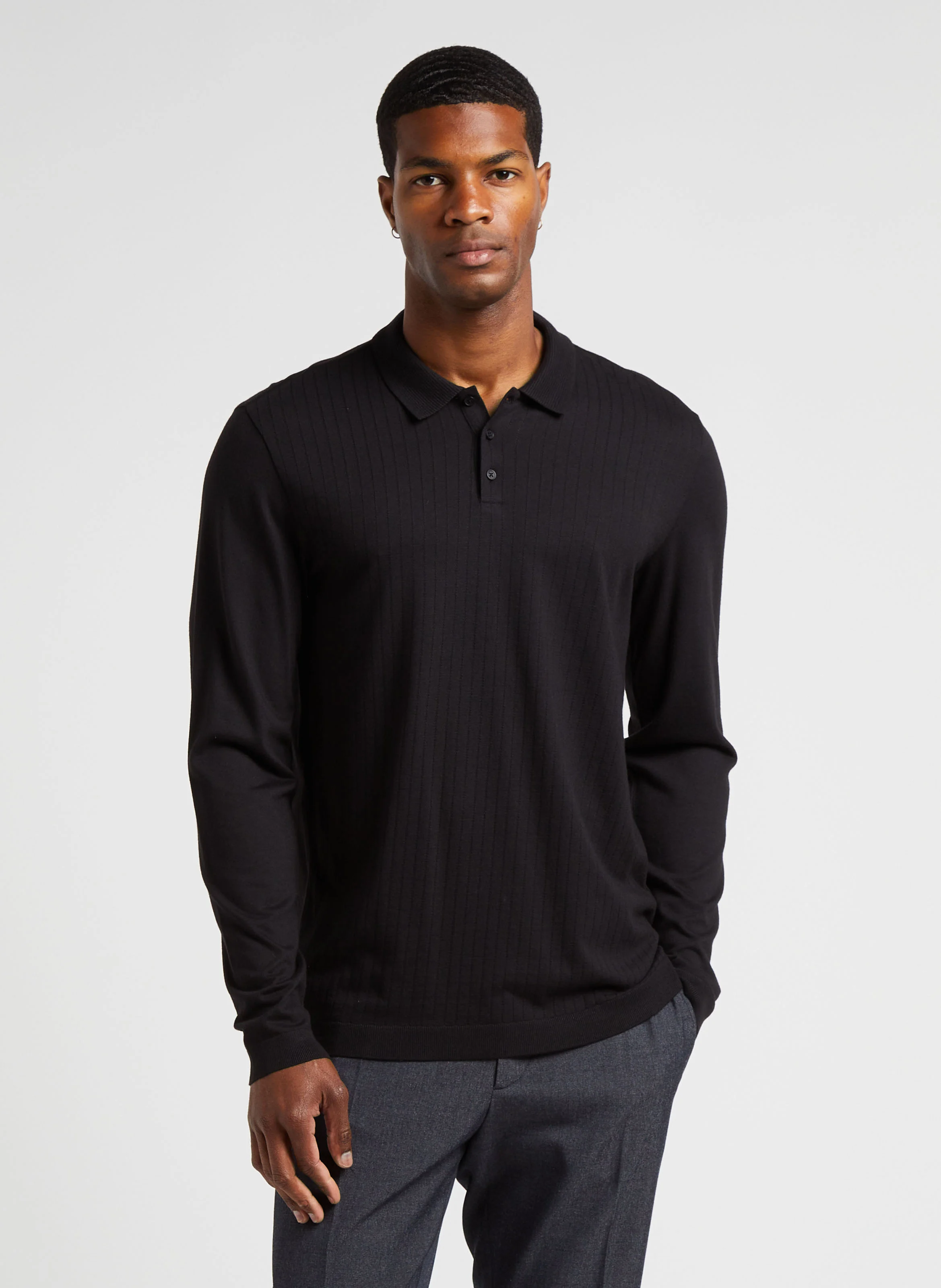 Polo manches longues en coton mélangé | Noir