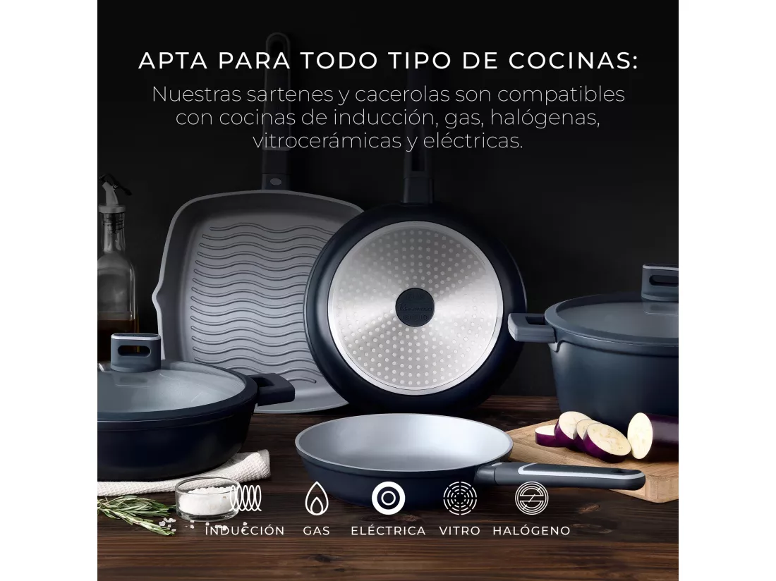 INDIGO Batterie de cuisine 17 pièces en fonte d'aluminium avec poêles à frire, wok, grill, casseroles et casserole avec couvercles MasterPRO