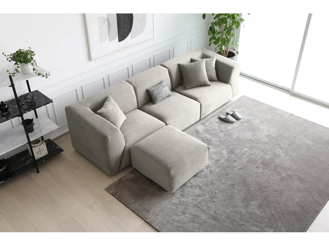 Canapé modulable 3 places + 1 pouf velours côtelé gris clair MONROE