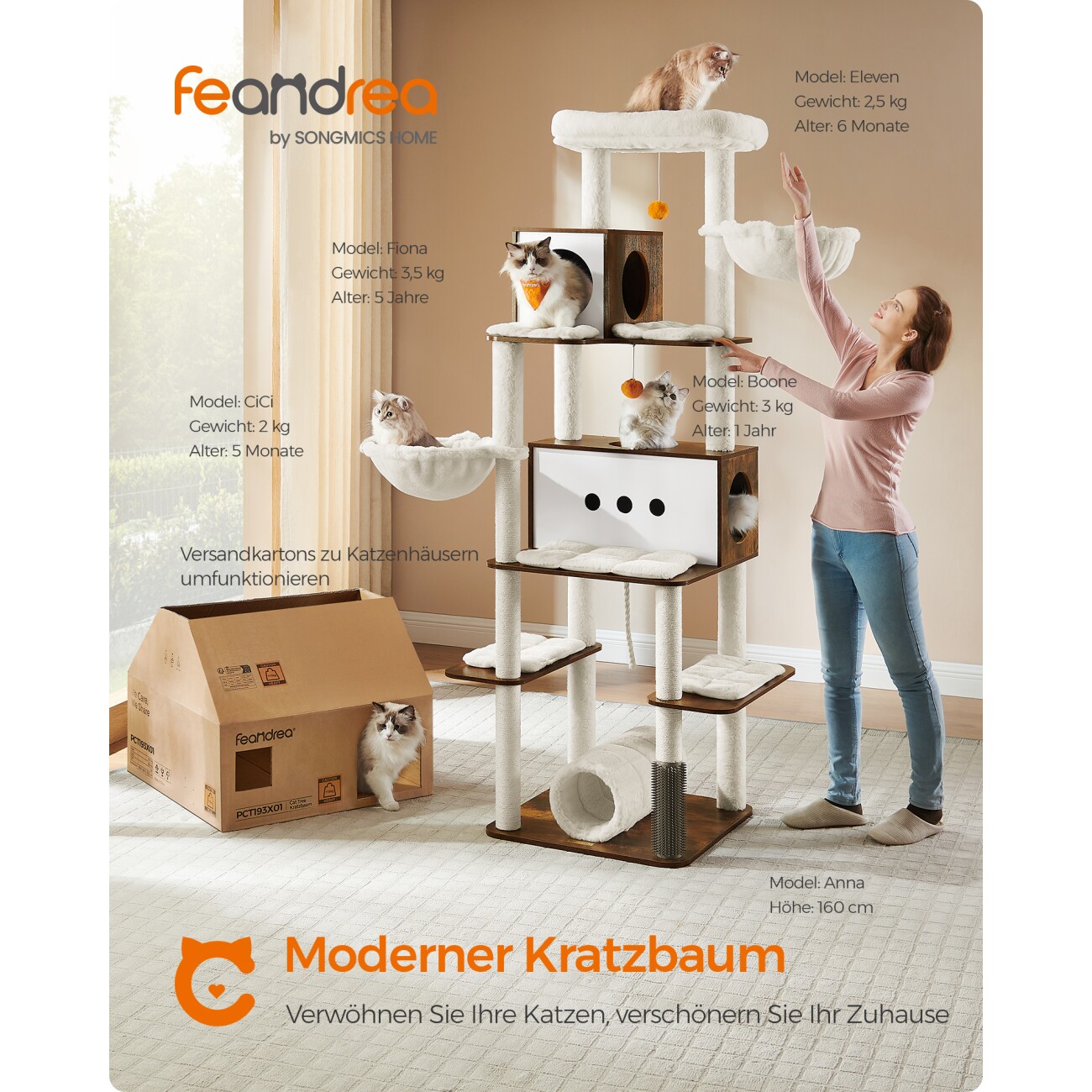 FEANDREA Kratzbaum 197cm mit Kratzstämmen Katzenbürste Tunnel braun