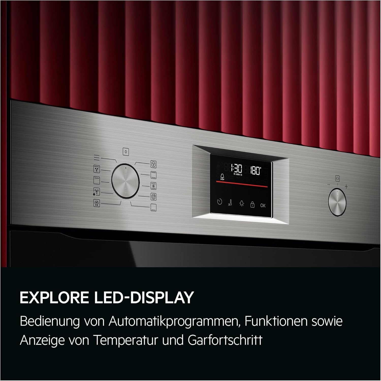 AEG Einbaubackofen, Serie 5 Ringheißluft: Gleichmäßige Garergebnisse auf 3 Ebenen, Pyrolyse Selbstreinigung, 45 Automatikprogramme, LED-Touchdisplay, Schnellaufheizung, Edelstahl, OU5PB40WSM