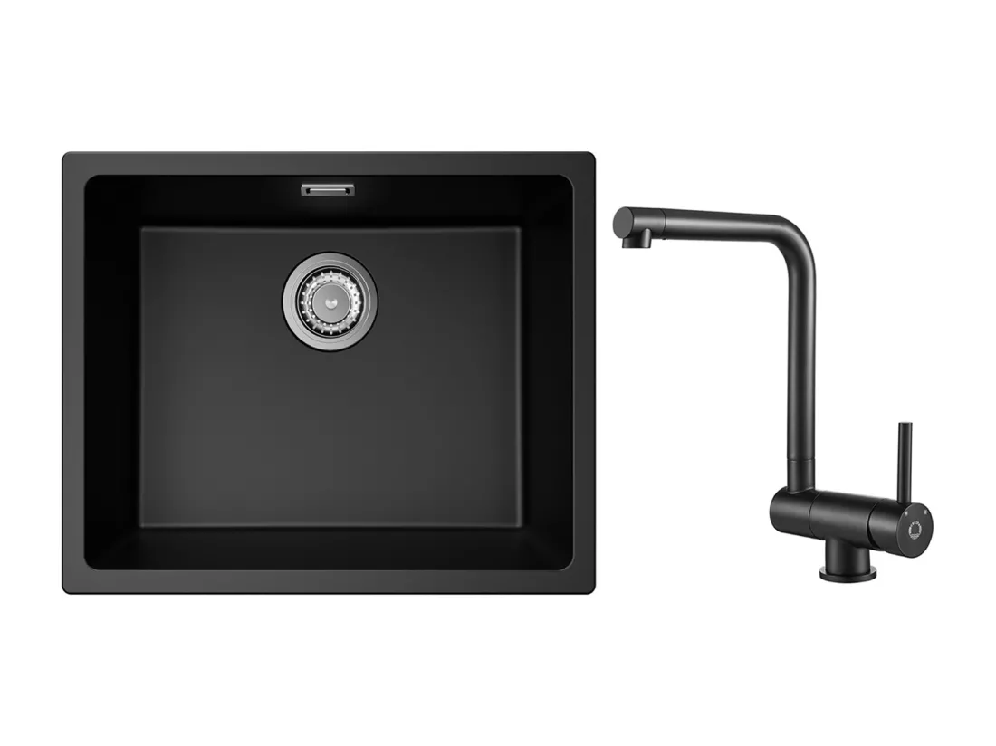 Evier 1 Bac en Quartz et Résine, 3 Options de Montage, 55*44*20cm + Mitigeur de Cuisine Rabattable Noir