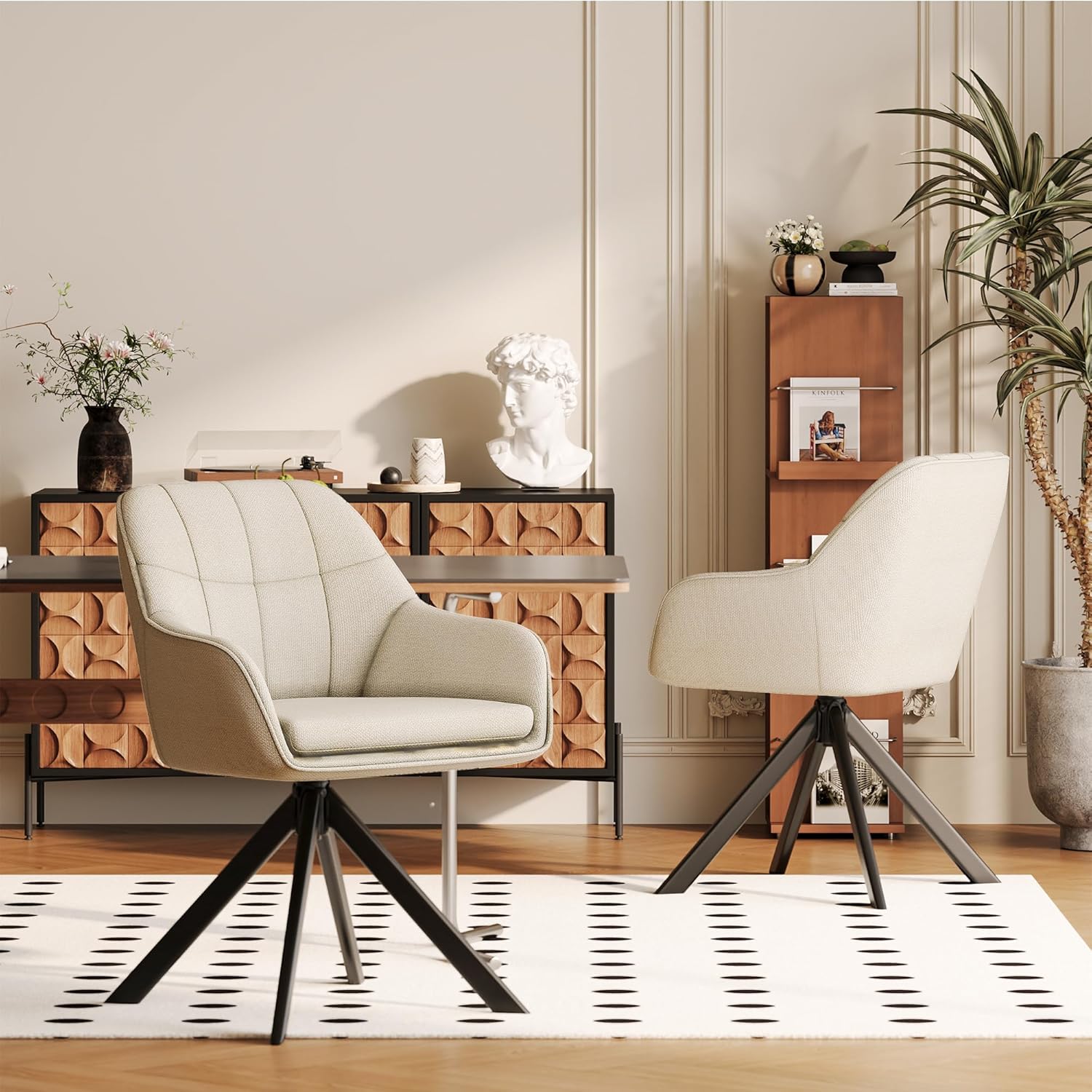 Drehstuhl Esszimmer Beige mit Armlehne, 4er Set drehbarer esszimmerstuhl, Küchenstuhl,Polsterstuhl, aus Polyester, mit Metallbeine für Esszimmer Küche Büro