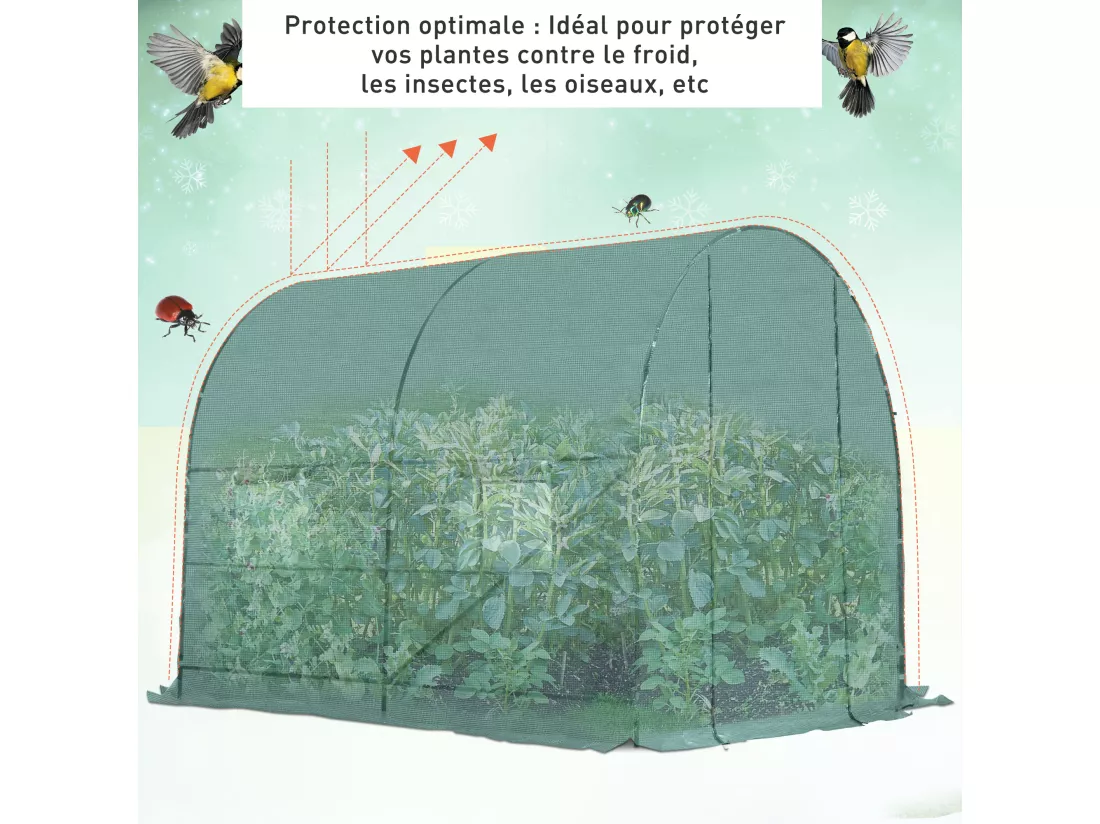 Serre de jardin tunnel 5 m² 2,45L x 2l x 1,98H m acier renforcé Ø 1,8 cm + PE haute densité 140 g/m² fenêtres porte déroulante vert