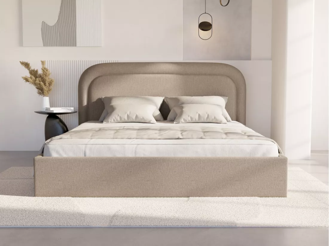 Lit coffre 140 x 190 cm - Tissu chiné - Beige + Matelas - FIREZA