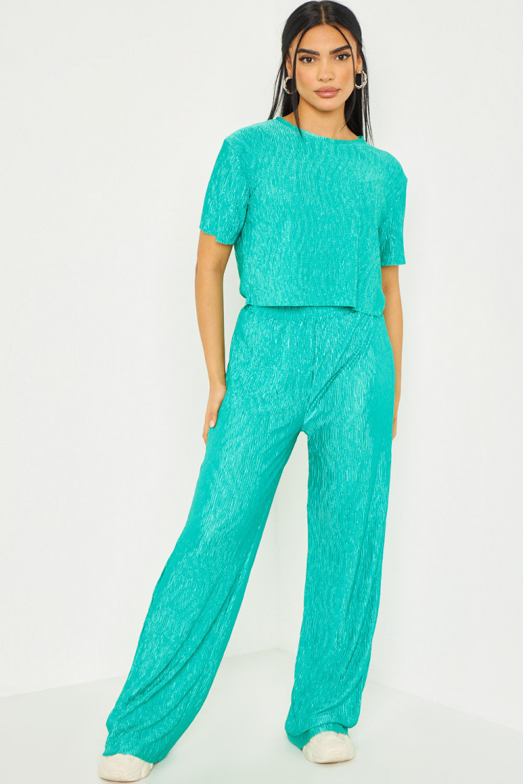 Ensemble crop top + pantalon texturés vert