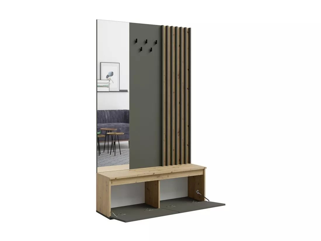Meuble d'entrée avec porte-manteau et miroir 120 cm - chêne clair et gris anthracite - Collection NEMO