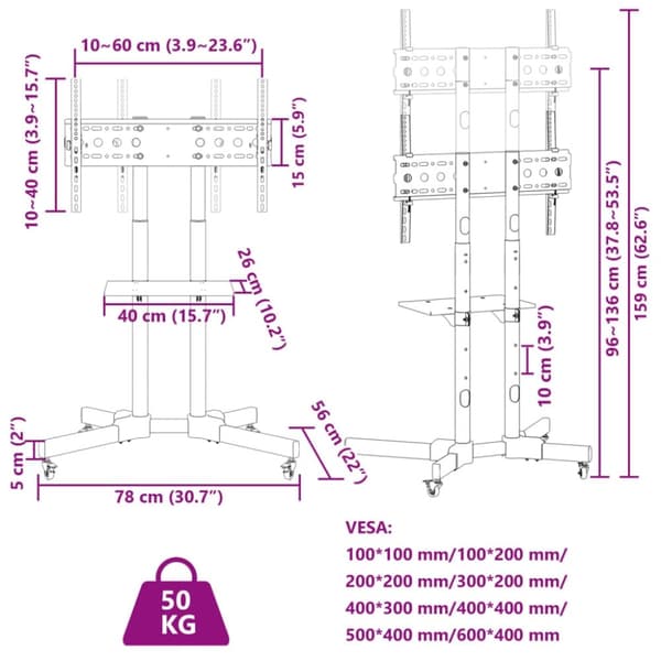 vidaXL TV-stativ hjul 32-70 tommers skjerm maks. VESA 600x400 mm 50 kg