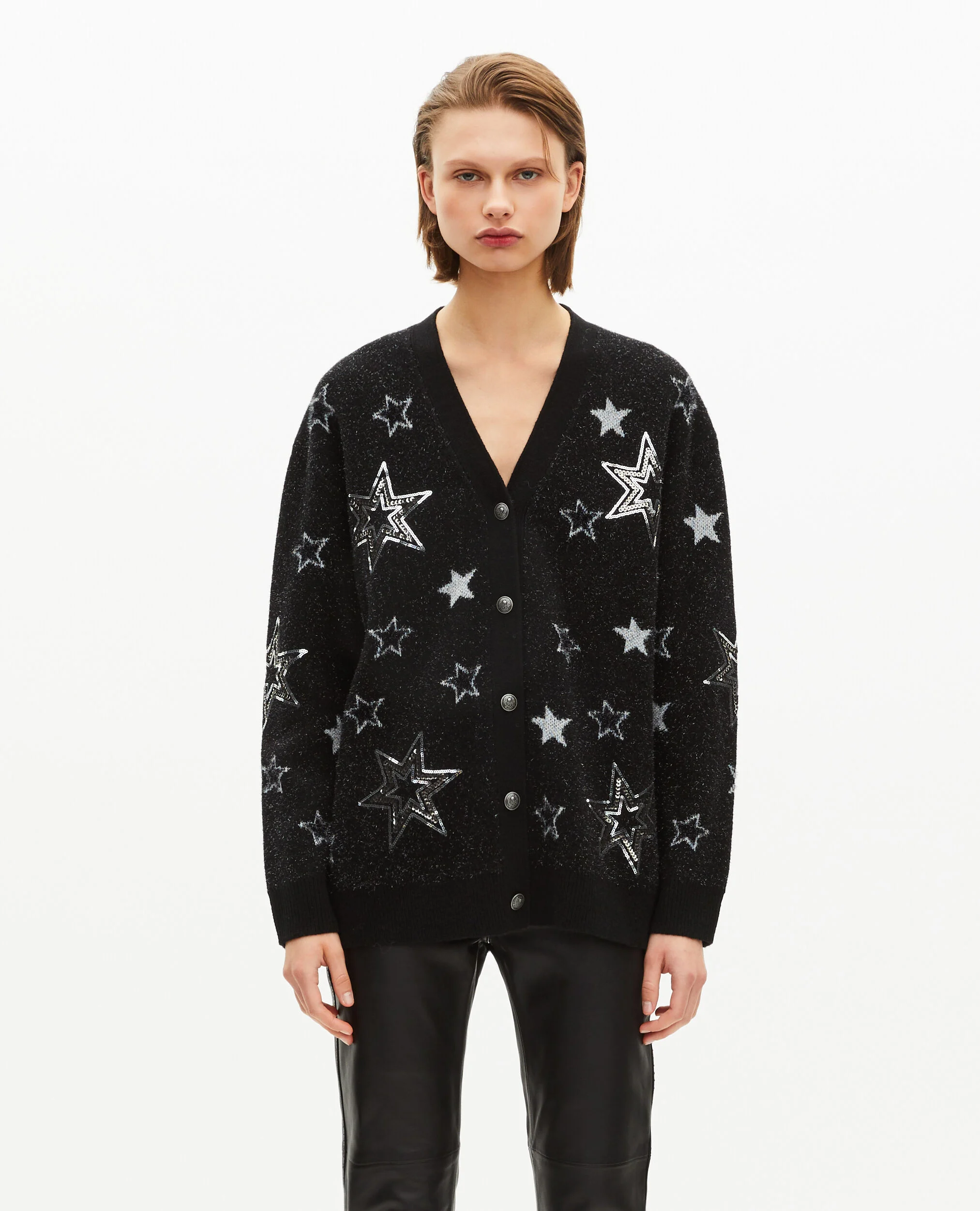 Cardigan en laine motif étoiles à sequins noir