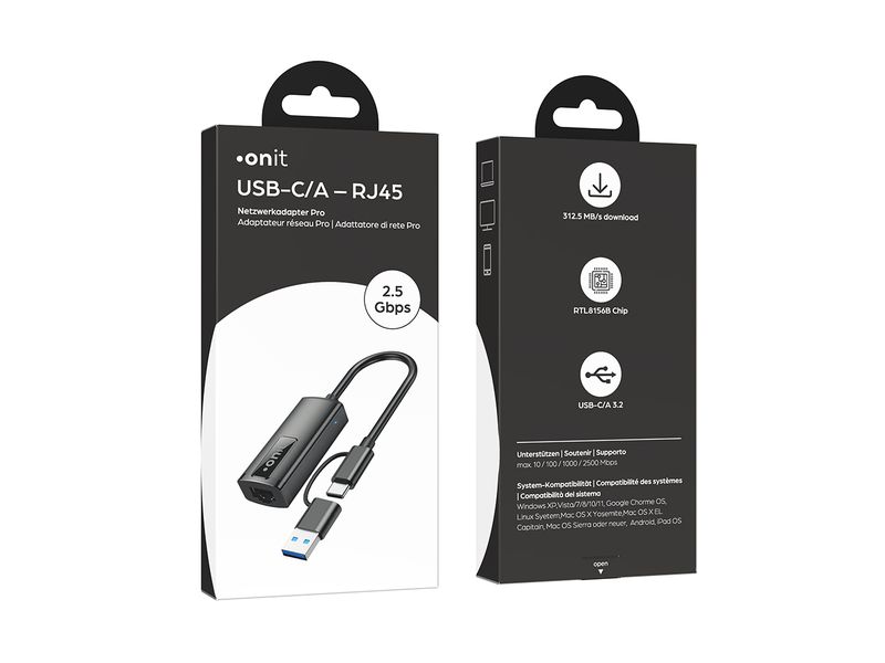 onit Netzwerk-Adapter Pro USB-C/A – RJ45 2.5G-LAN Kompakter Adapter für Mobilgeräte ohne RJ45-Anschluss
