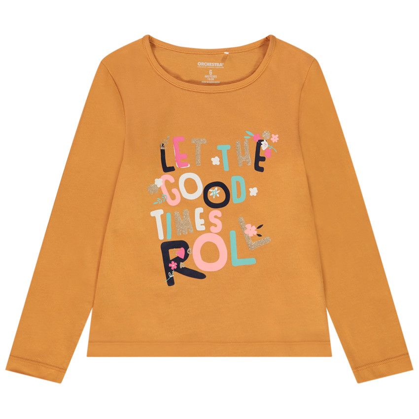 T-shirt manches longues print fantaisie et glitter pour fille - Moutarde