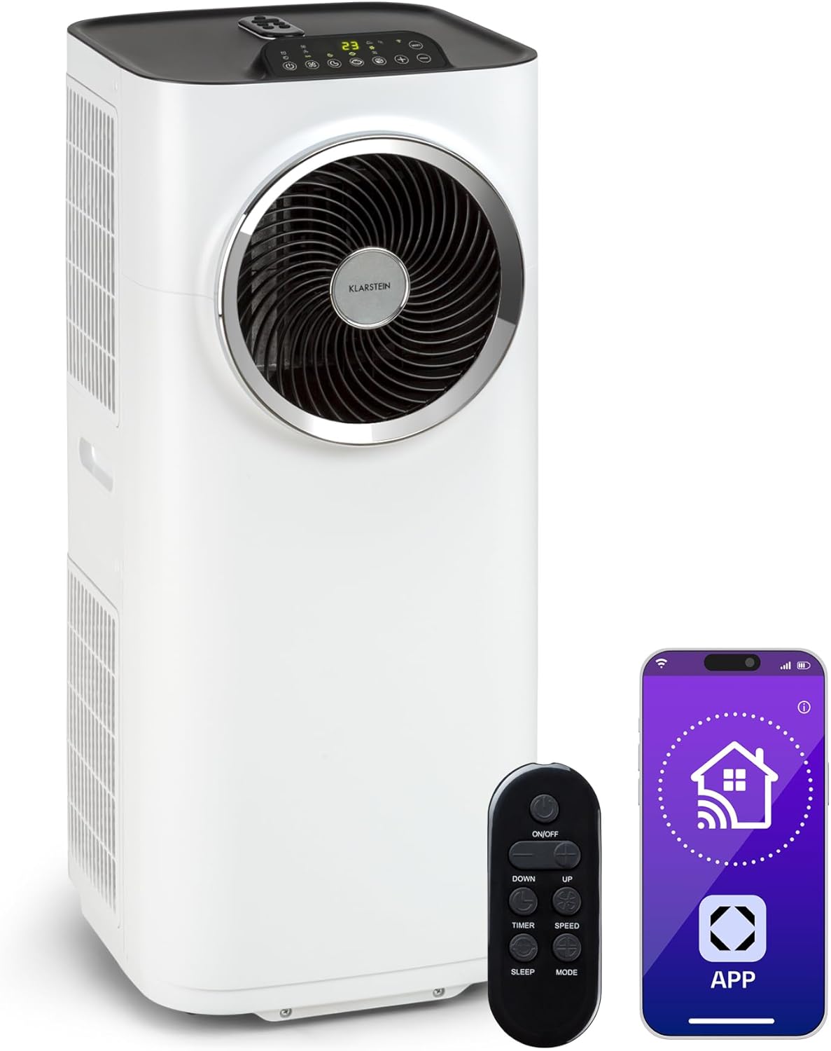 Klarstein Kraftwerk Smart 12K Mobiles Klimagerät – 12000 BTU, 35-59 m², App & Alexa Steuerung, 3-in-1 Kühlung, Entfeuchter & Ventilator, Leise, Timer, Ablaufschlauch Inkl., Weiß