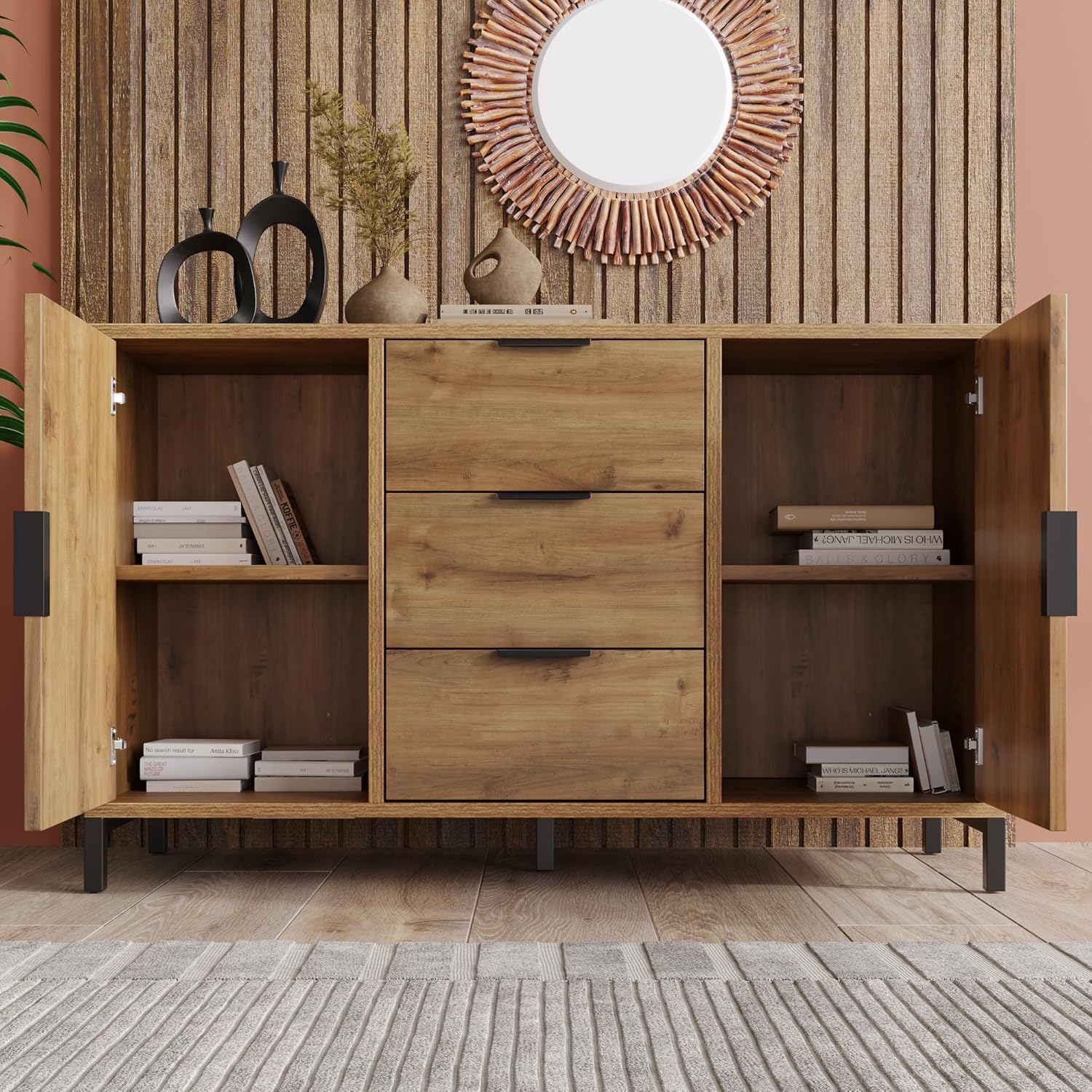 Merax Sideboard Kommode mit 2 Türen und 3 Schubladen 120 cm, Buffetschrank mit Verstellbares Ablage, Aufbewahrungsschrank in Dunkle Eiche, Metallbeinen, für Schlafzimmer, Wohnzimmer, 120x40x76 cm