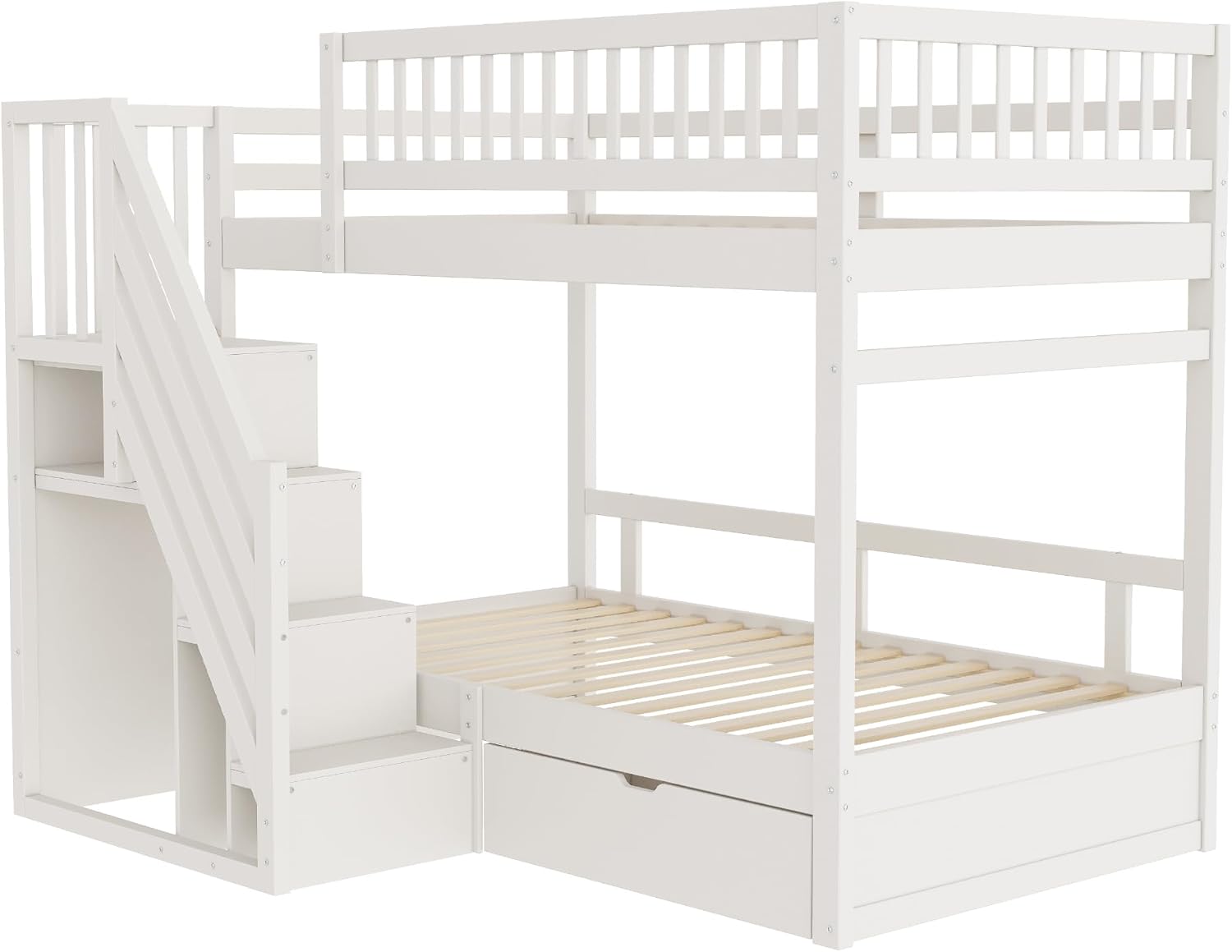 Kinderbett Etagenbett 90x200 Für 2 Kinder, Hochbett mit Treppe&Aufbewahrungsschrank&Schublade, Massivholz Funktionsbett Stockbett Jugendhochbett mit 2xLattenrost & Rausfallschutz, Ohne Matratze, Weiß