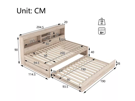 Lit gigogne 90x200 éclairage d'ambiance télécommandé compartiment de rangement côté lit prise+USB Naturel