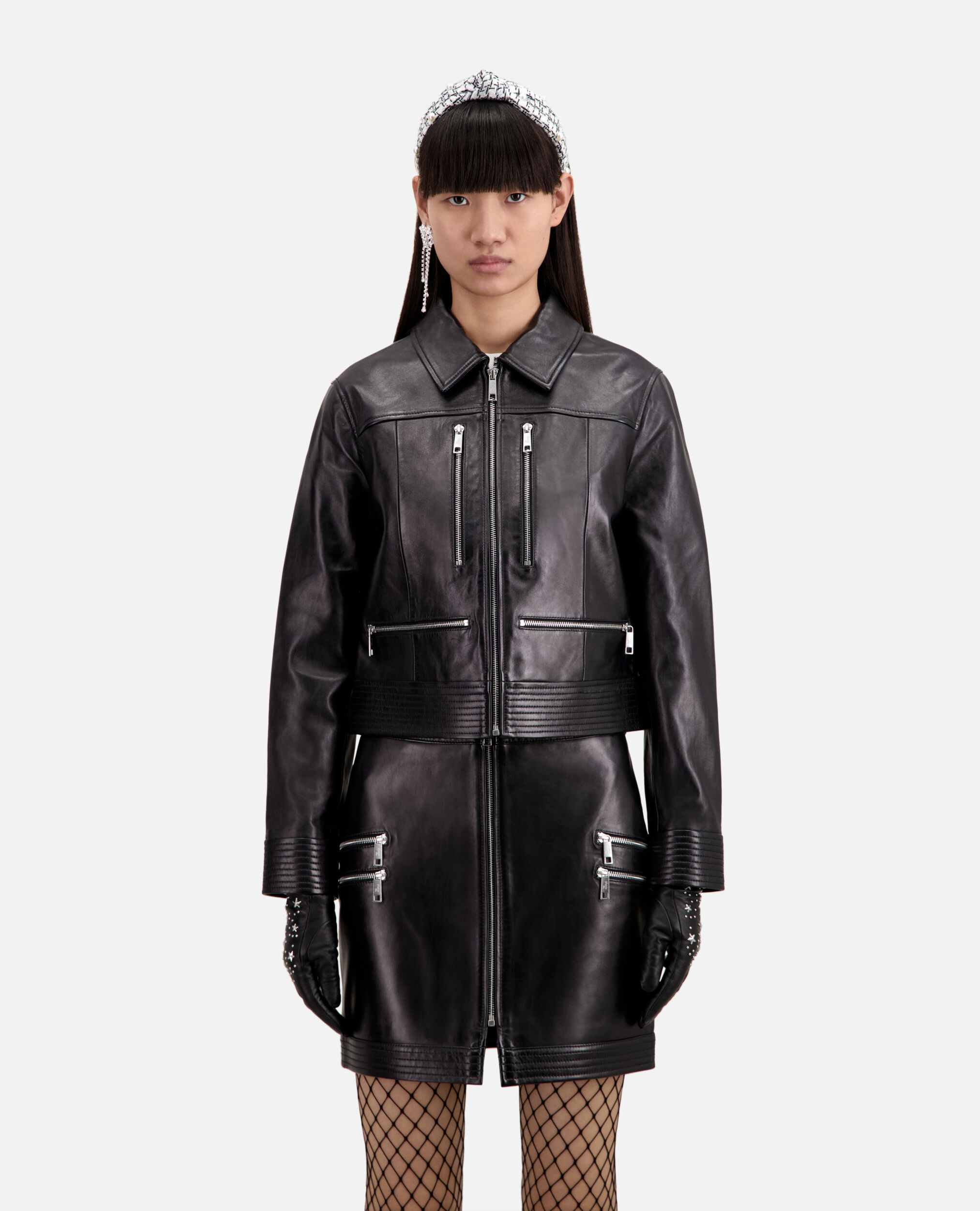 Black leather biker jacket with zipper