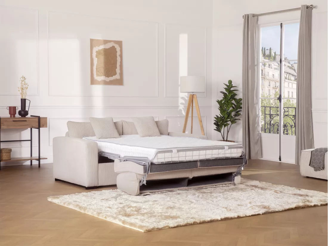 Canapé 3 places convertible express en velours côtelé beige - Couchage à lattes larges 140 cm - Matelas 16 cm - MONDOVI