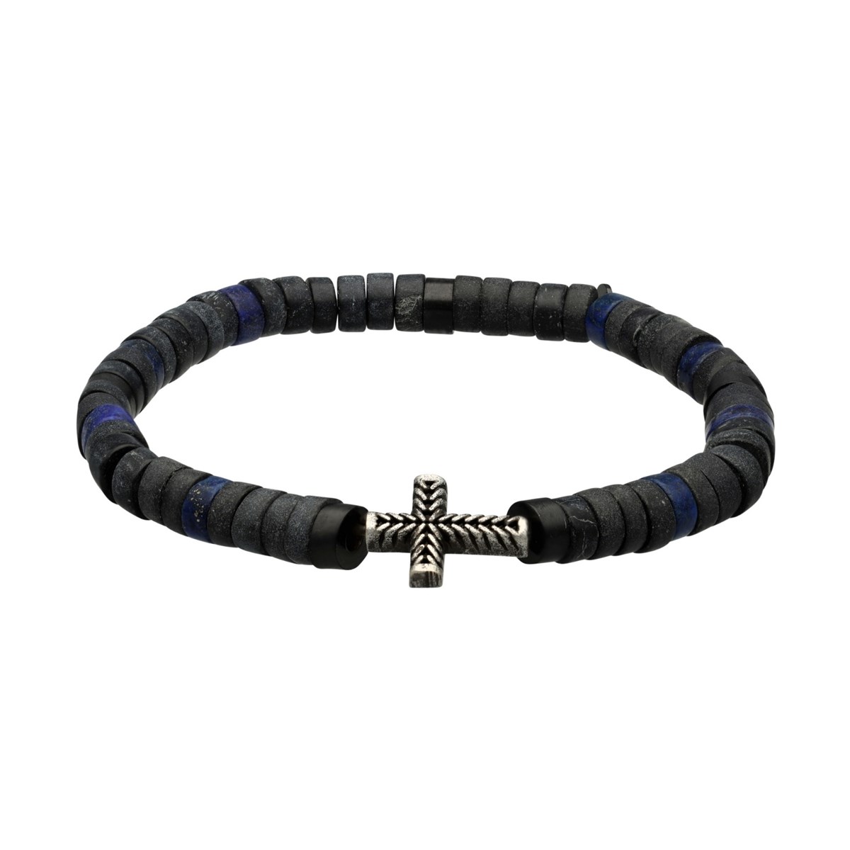 Bracelet Perles Heishi Pierres Naturelles Agate Noire Et Lapis Lazuli Croix Acier Antique-XS-14cm
