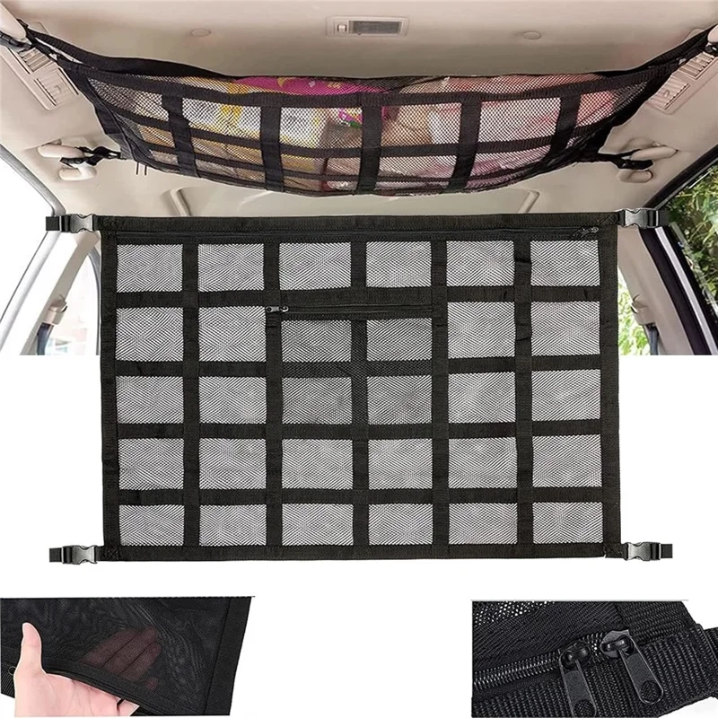 (70x50cm) Doppel-Lagige Auto KFZ Dachnetz Tasche Aufbewahrungsnetz Organizer für Innenraum - Schwarz