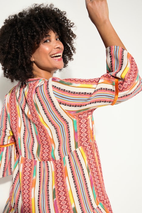 Kleid, Musterstreifen, Knopfleiste, Volants, 3/4-Ärmel