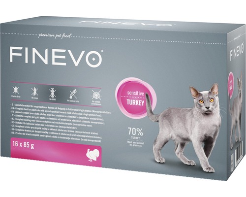 FINEVO Sensitive Cat natvoer voor katten, pure kalkoenstukjes in saus, 16 x 85 g, monoproteïne, enkelvoudig eiwit