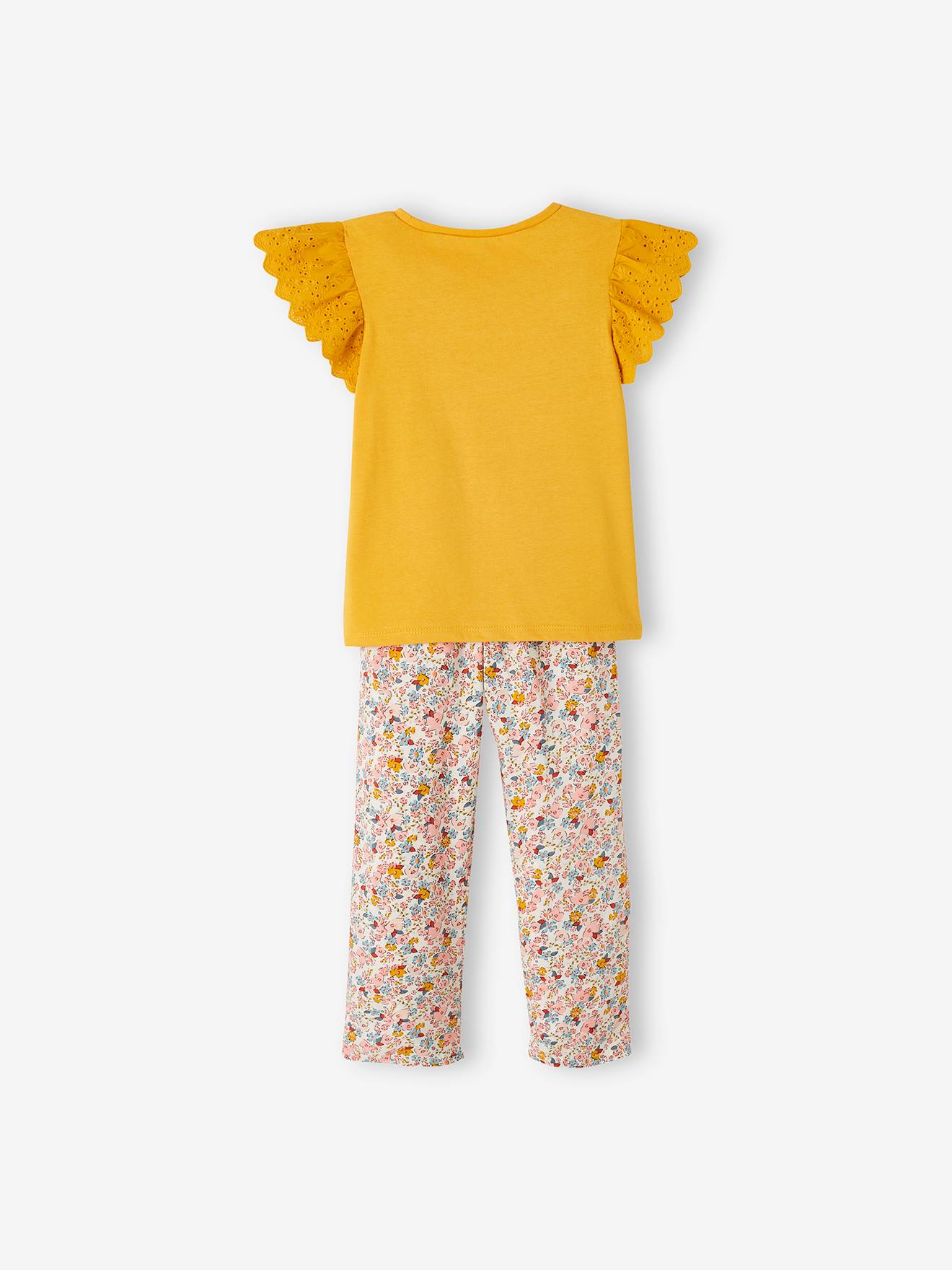 Conjunto de camiseta com nó e calça fluida estampada, para meninas, na cor amarela lisa tamanho médio.