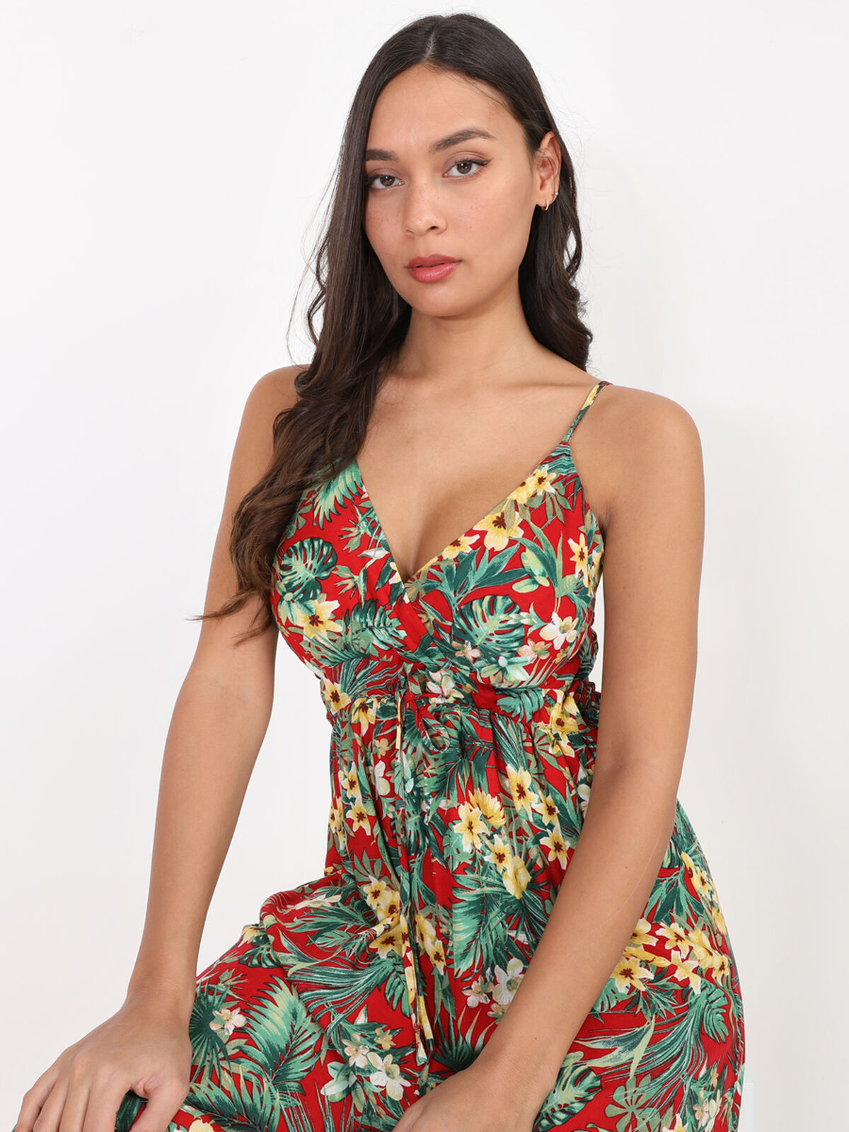Robe longue à bretelles et motif tropical- Rouge
