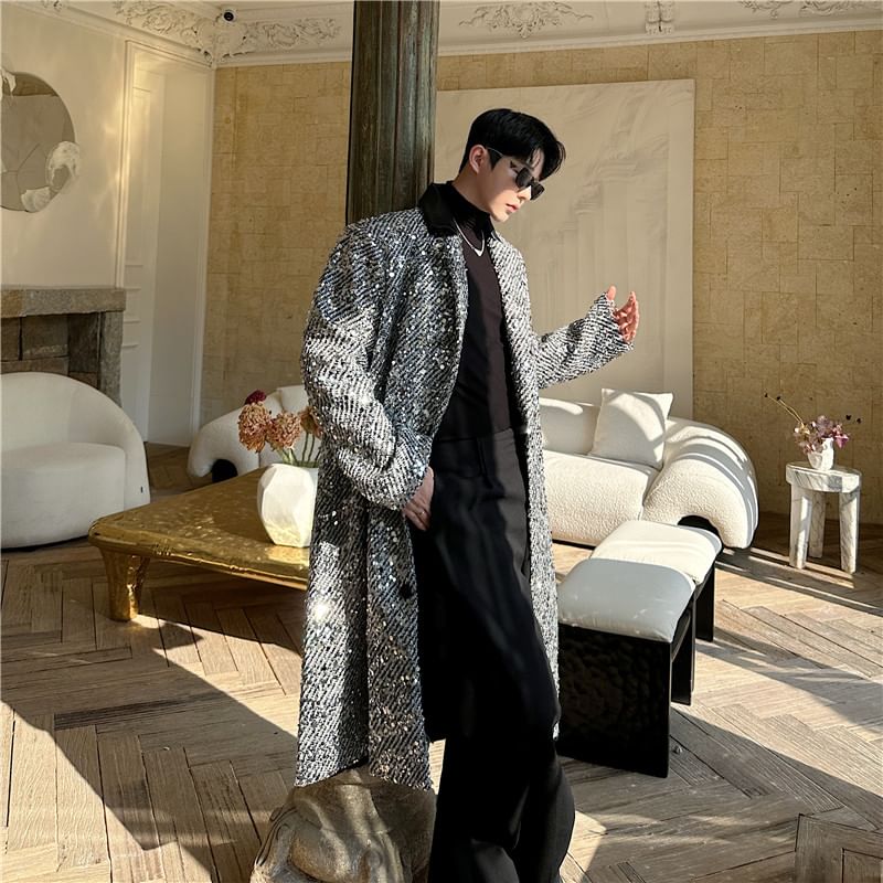Freehop - Trenchcoat met lange mouwen en pailletten, enkelrijs