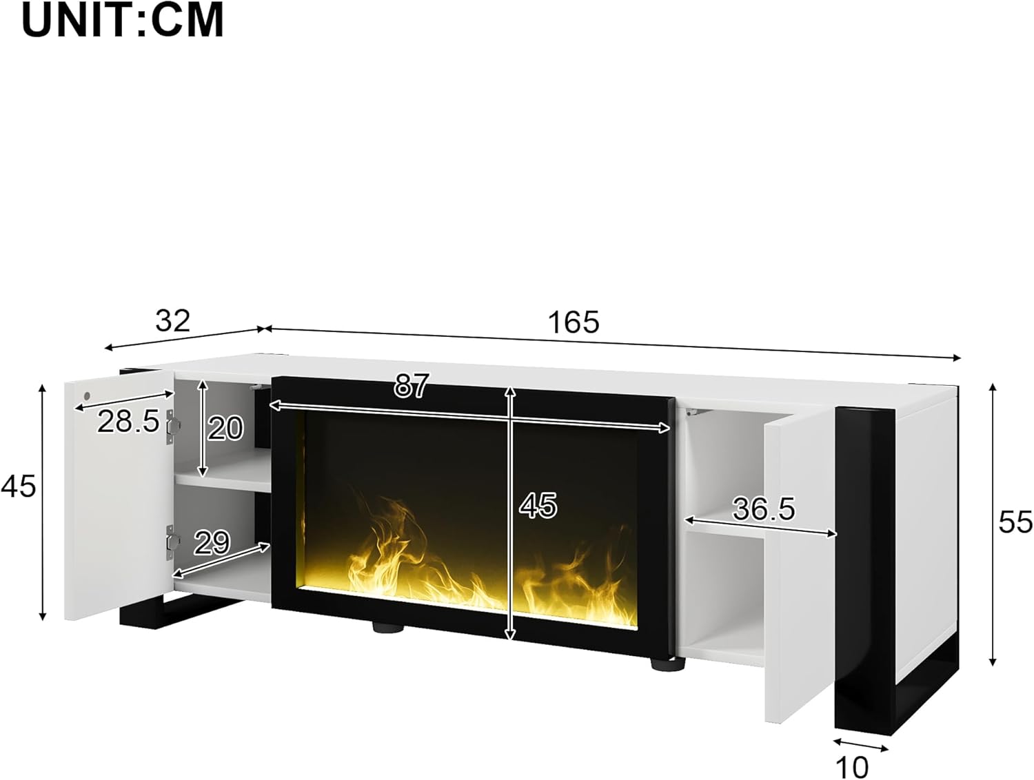 TV-Schrank, Lowboard mit elektrischem Kamin Flammeneffekt, Keine Heizfunktion, Hochglanz, farblich passender TV-Schrank
