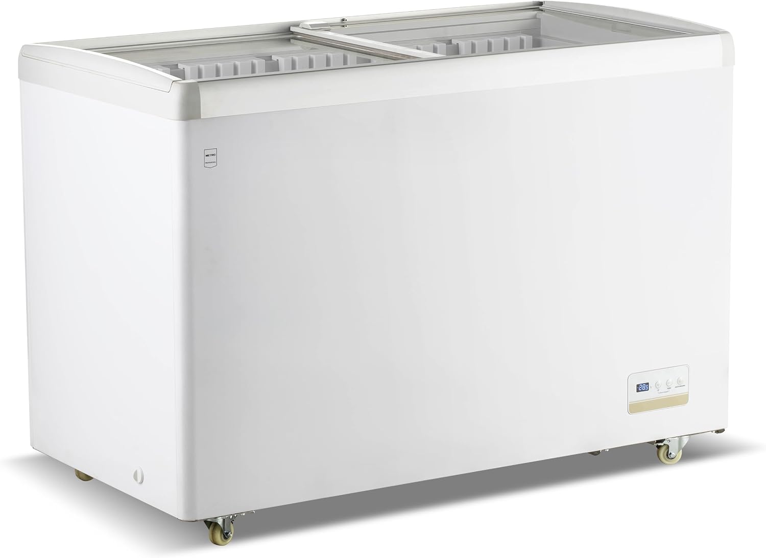 METRO Professional Tiefkühlvitrine GICC1363, 315 L, Tiefkühltruhe mit Glasschiebetür, 5 Ablagekörbe, Türschloss, Temperaturalarm, Rollen, Weiß