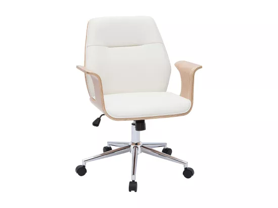 Chaise de bureau à roulettes design blanc, bois clair et acier chromé RUFIN