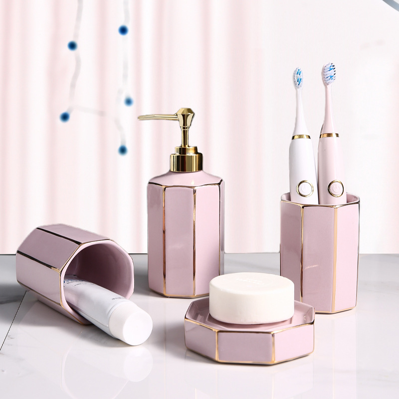 (4-tlg. Set) Keramik Badezimmer Accessoire Bad Essentials - Rosa / Gold