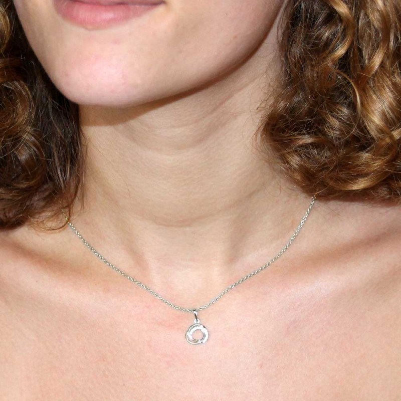 Collier - Pendentif Or Blanc Anneaux Enlacés Sertis de Zirconiums - Chaine Argentée - Femme