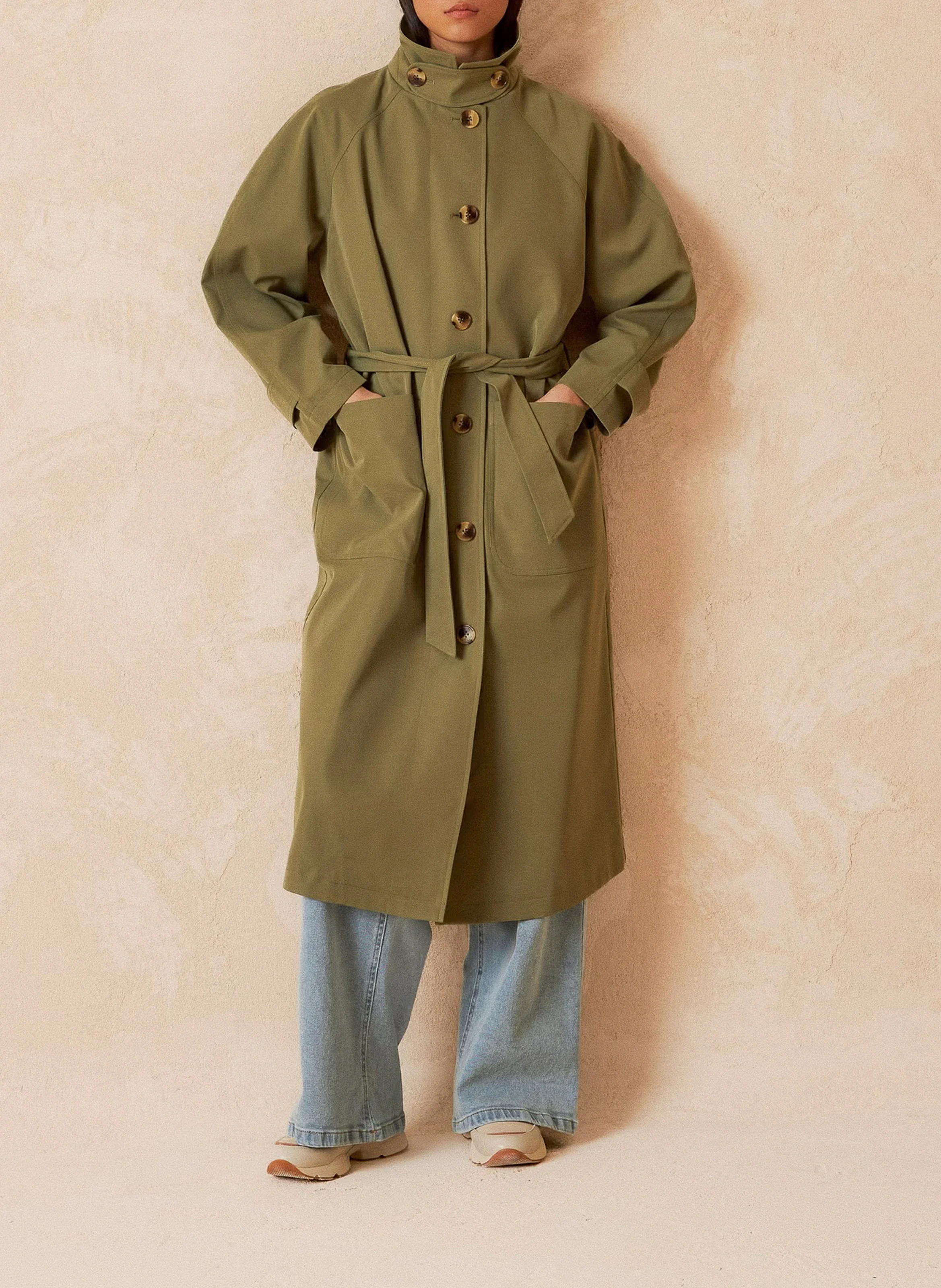 Trench long col montant| Vert