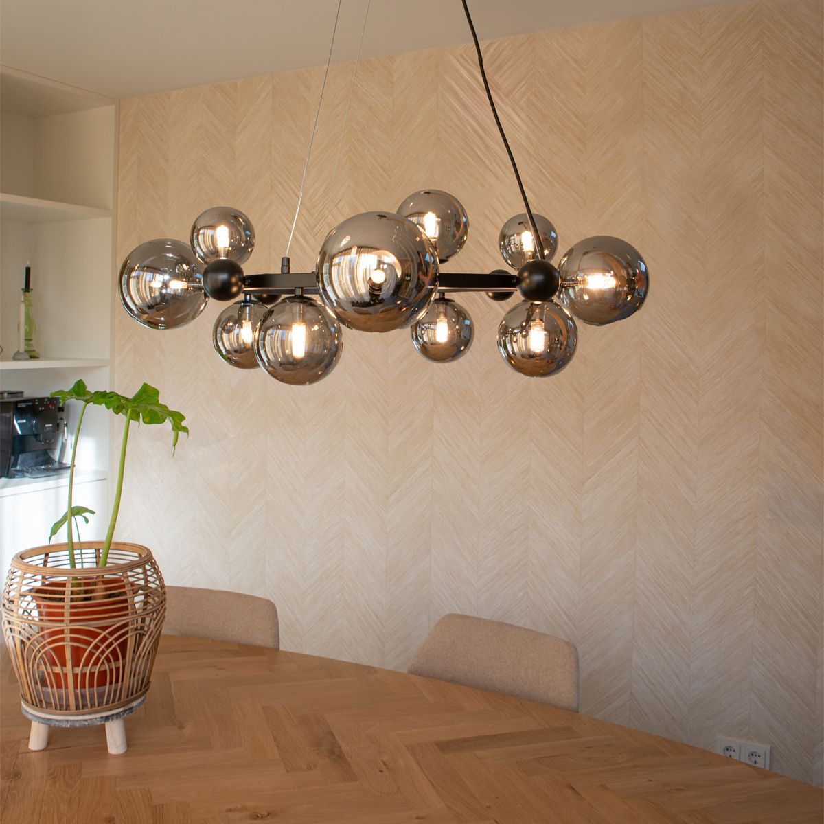 Art Deco hanglamp zwart met smoke glas 12-lichts - David