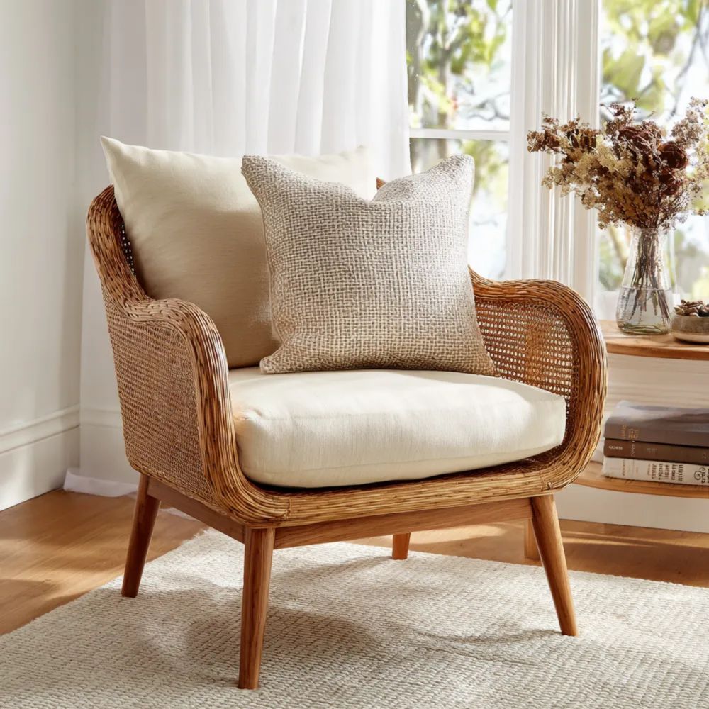 Rattansessel mit Sitzpolster 65x70x75 cm – Natur/Beige – Skandinavisches Design