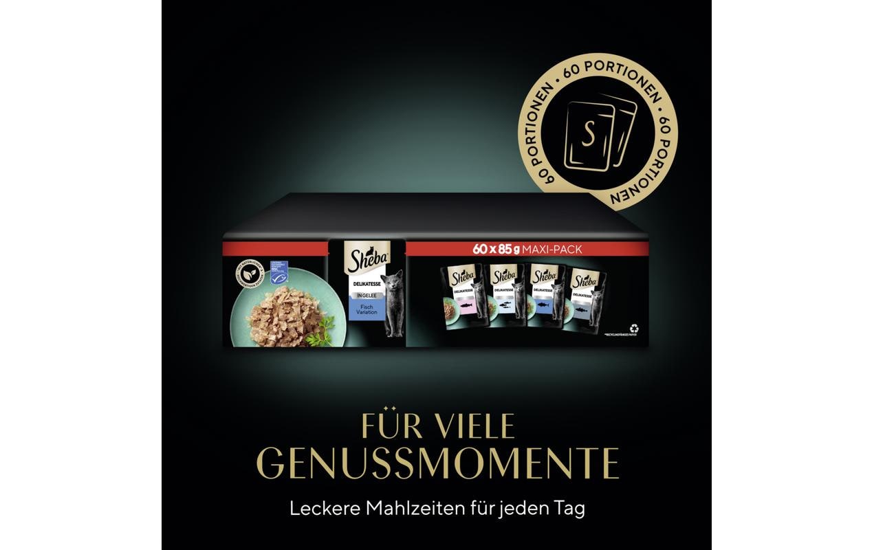 Nassfutter Delikatesse Gelee Fisch Variation, 60 x 85gAlleinfuttermittel für ausgewachsene Katzen
