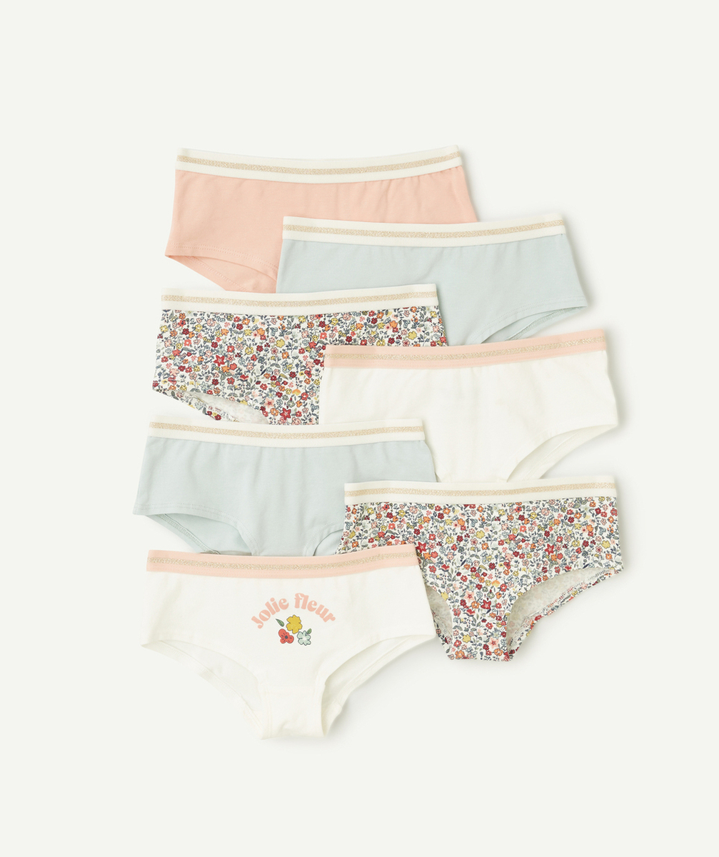 lot de 7 shorties fille en coton bio bleu rose et imprimés thème fleurs