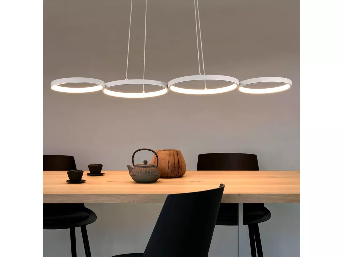 NETTLIFE Suspension LED Blanc Moderne Diam.88cm Lampe de salle à manger 4 Anneaux Design Métal Dimmable avec Télécommande pour Salon Chambre