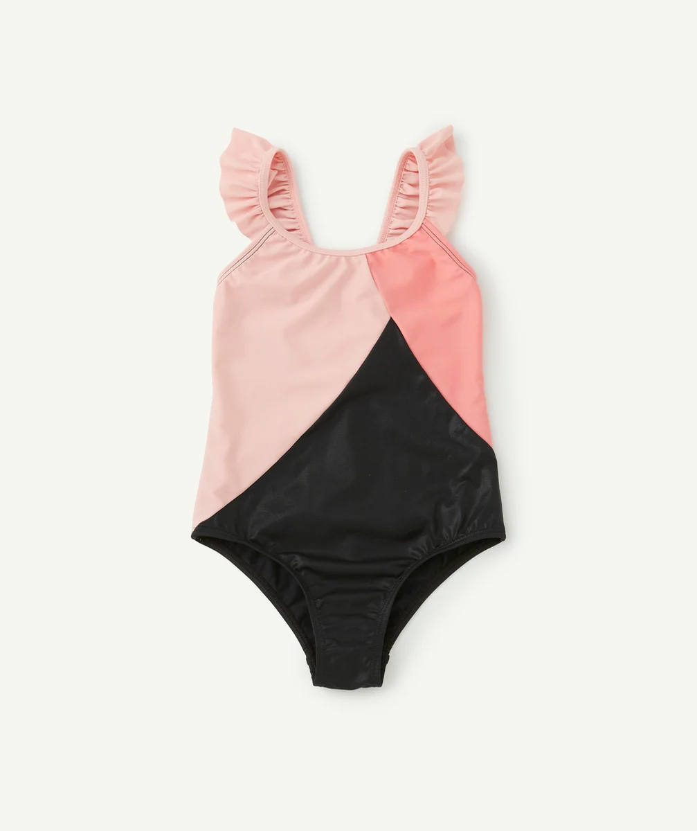 MAILLOT DE BAIN 1 PIÈCE FILLE EN FIBRES RECYCLÉES ROSE ET NOIR