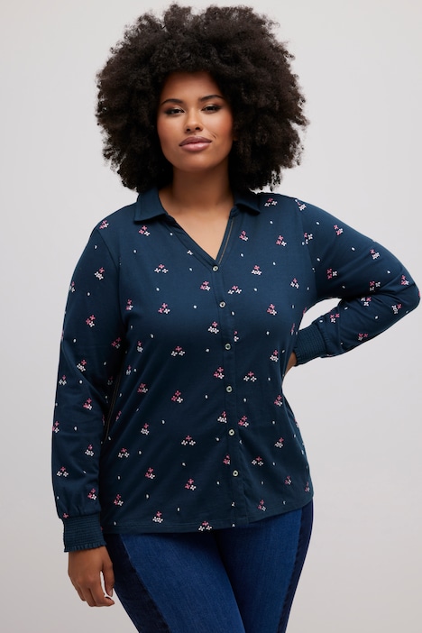 Jersey-Bluse, Stickerei, Gummisaum, Hemdkragen, Langarm