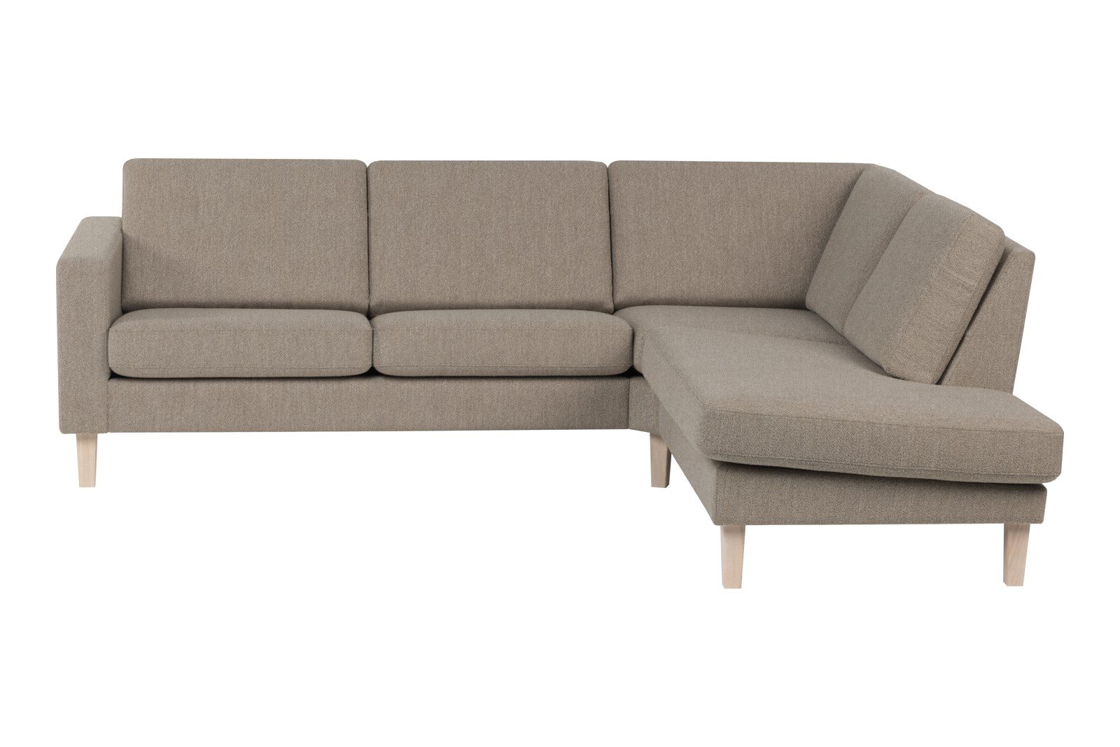 Slogen hjørnesofa Oppsett AH. 2,5-seter med åpen ende høyre. Tekstil Viva Earth med standard ryggpute. Vange B og hvitpigmentert ben 178.